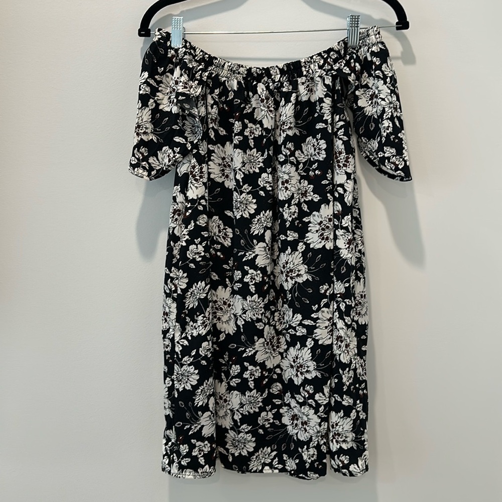 Fabrik Women’s Off The Shoulder Black Floral Mini Dress Flowery Babydoll Small - Picture 2 of 13